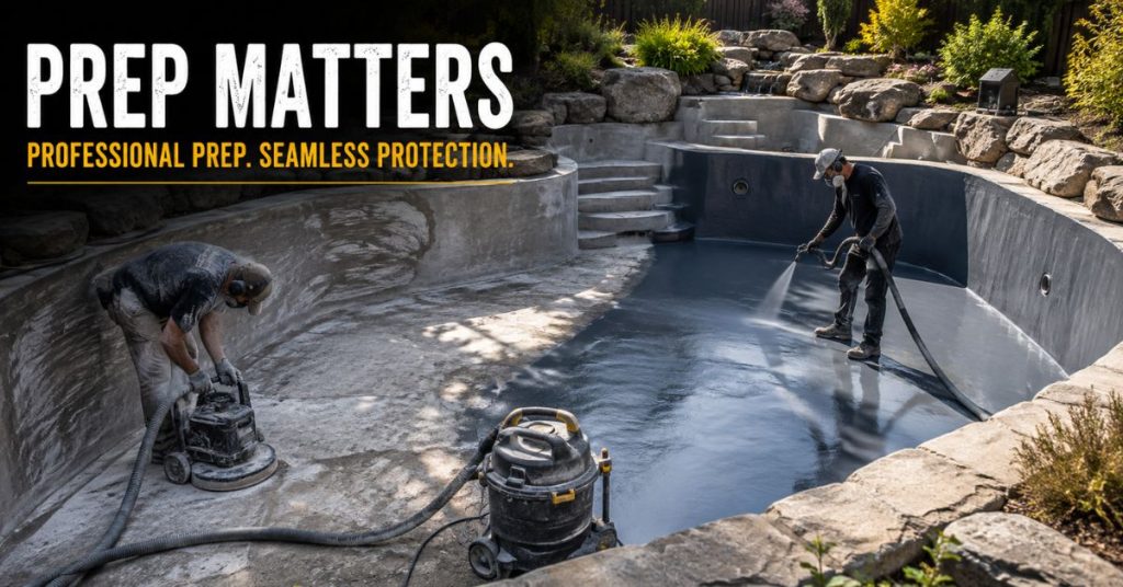 Koi pond surface preparation and polyurea coating application